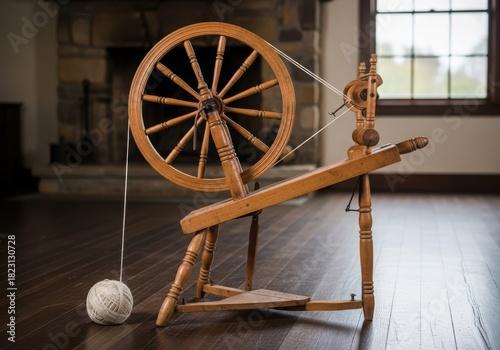 Vintage wooden spinning wheel a ball of yarn, traditional craft textile production