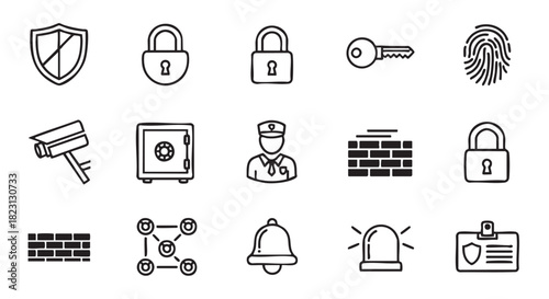 Security concept icons including shield padlock camera safe firewall network
