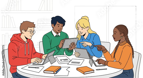 Team Collaboration Young Professionals Engaging in Digital Work and Teamwork Meeting on a White Table