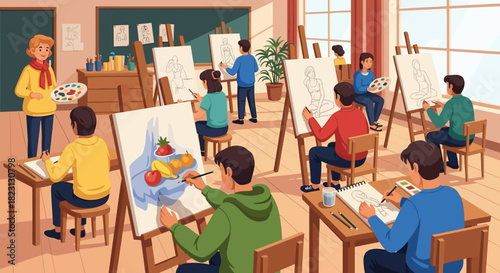 Art Class Students Engaging in Painting and Drawing Activities with Guidance