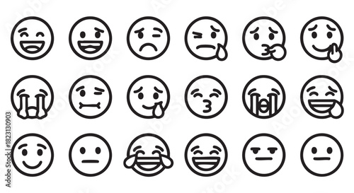 Variety of emotion represented by different emoticons set on white background
