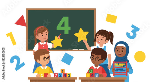 Vibrant illustration of diverse young students actively engaged in fundamental mathematics and early education activities within a playful and inclusive classroom setting