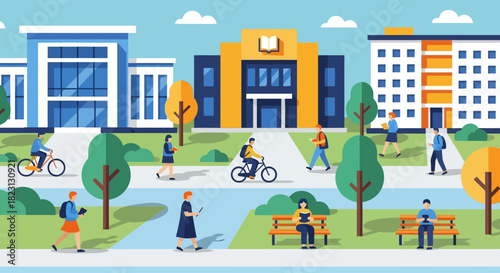 Flat vector illustration of a university campus landscape with students and academic buildings