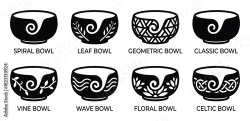 Solid glyph icons of decorative ceramic bowls including spiral, leaf, geometric, classic, vine