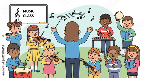 Happy children enjoying a lively music class, playing various instruments with their teacher