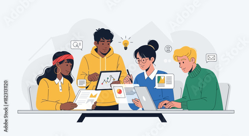 Diverse team collaborates on a project, analyzing data and brainstorming ideas for business growth