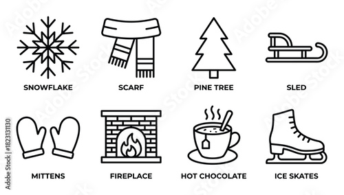 Solid line icons for winter season including snowflake, scarf, pine tree, sled, mittens, fireplace