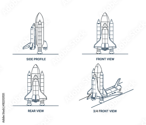 Space shuttle blueprint. Side profile, front, rear and 3/4 front view technical drawing