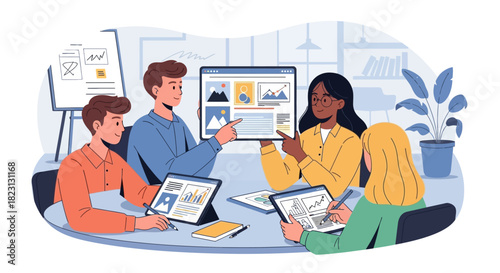 A diverse business team collaborates on data analysis and strategic planning using tablets and a large digital screen