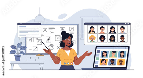 Online Class An instructor teaches a virtual classroom with students