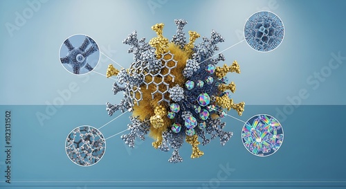 Detailed 3D rendering of a virus particle with magnified components.