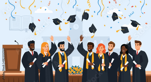 A diverse group of cheerful graduates in academic gowns throwing their caps in the air during a university commencement ceremony