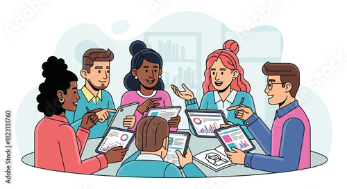 A diverse team of colleagues collaborating in a modern office meeting, using digital tablets to analyze business data and charts