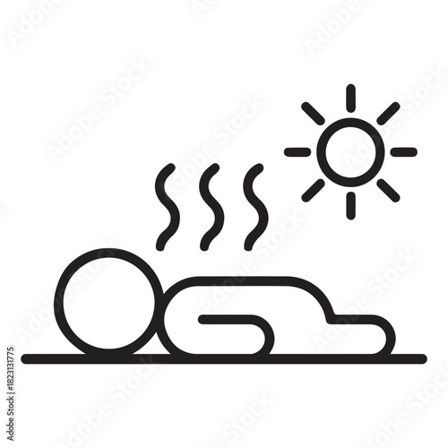 Stylized icon of a person lying down under a hot sun with heat waves
