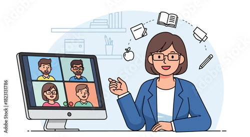 Online learning and education Woman teacher conducting a virtual class with students using a computer monitor