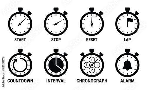 Stopwatch start, stop, reset, lap. Countdown, interval, chronometer, alarm. Black solid icons.