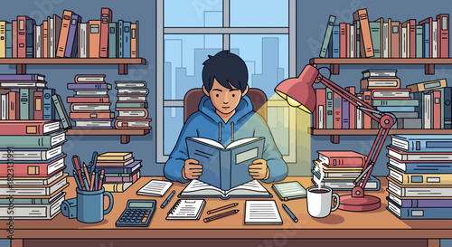 A diligent young student is engrossed in reading and studying at a desk surrounded by numerous books, showcasing dedication to learning and academic pursuits