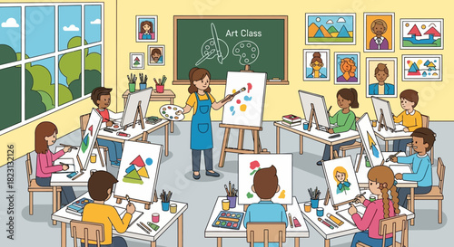 Diverse group of children learning to paint in a vibrant and creative art class with their teacher