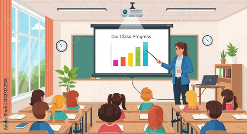 Teacher presenting class progress chart on screen in a classroom full of students