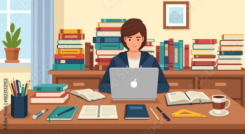 A focused student deeply engaged in online learning at a desk piled high with books, illustrating the concept of diligent self-education