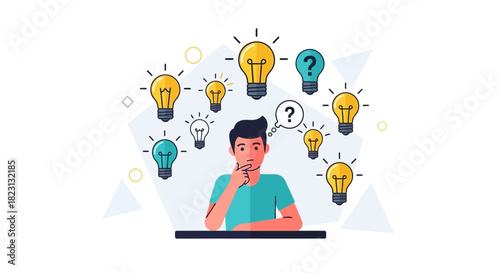 Man contemplating ideas Surrounded by glowing light bulbs, a person is deep in thought, seeking a solution