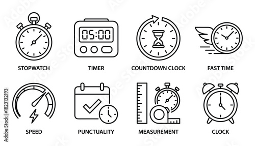 Stopwatch, timer, countdown clock. Fast time, speed, punctuality, measurement. Clock icon set.