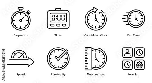 Stopwatch, timer, countdown clock. Fast time, speed, punctuality, measurement. Icon set design collection.