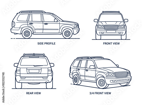 SUV car outline with side front rear and 3/4 front views for transportation design