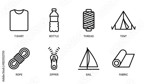 T-shirt and thread, bottle, tent, rope, zipper, sail. recycled plastic product line, fabric