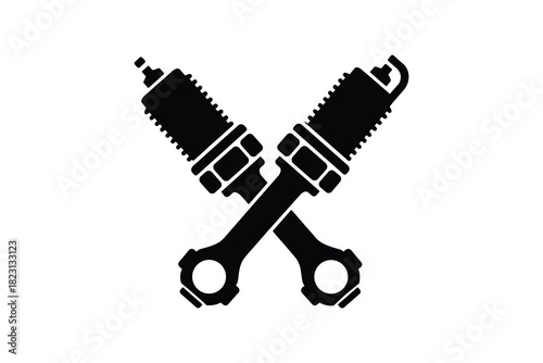 Two crossed spark plugs automotive part black and white icon flat style isolated