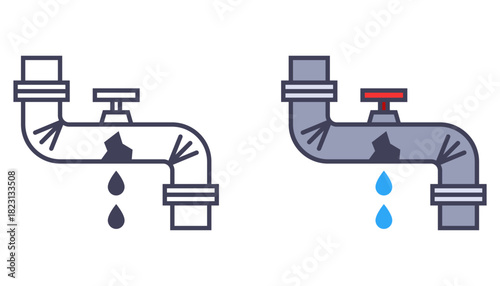 A pipe icon with a hole where water flows. Flat illustration