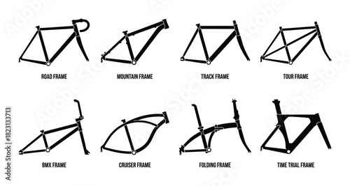 Various bicycle frames including road, mountain, track, and touring. Bike frame silhouette collection