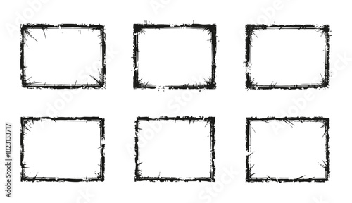 Variety of hand drawn black square frames collection. Doodle style borders brush ink graphic art.