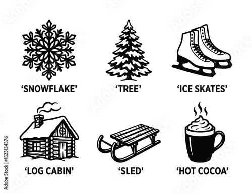 Winter season, snowflake, tree, ice skates, log cabin, sled, hot cocoa outline icon set