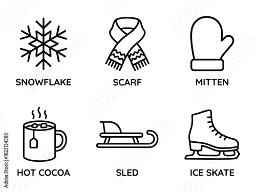 Winter season, snowflake, scarf, mitten, hot cocoa, sled, ice skate outline icon set