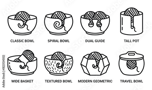 Yarn bowls types set. Classic bowl spiral bowl dual guide tall pot wide basket textured bowl