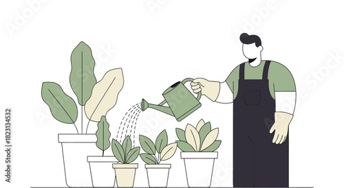 Illustration of a man watering potted plants, minimalist style and muted colors portraying growth