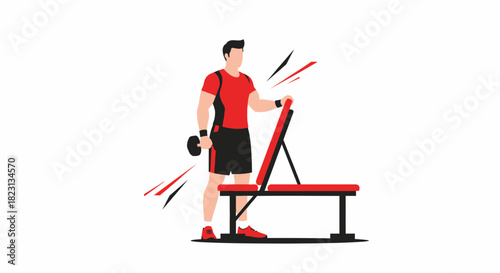 Man working out with dumbbells near a weight bench in a vector illustration scene
