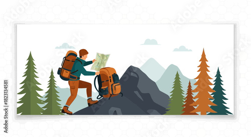 Illustrative Scene of a Hiker Ascending a Mountain While Consulting a Map with Backpacks