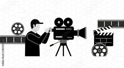 Illustrative Film Crew and Equipment Depiction of Cinema Production Process