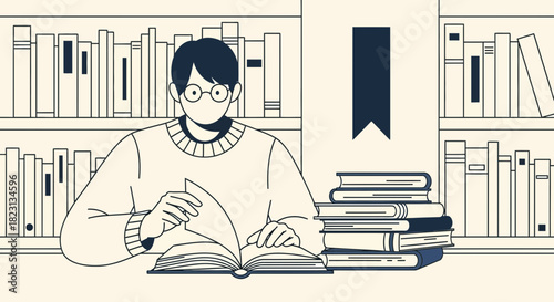 Illustration of a person reading a book with a bookshelf in the background