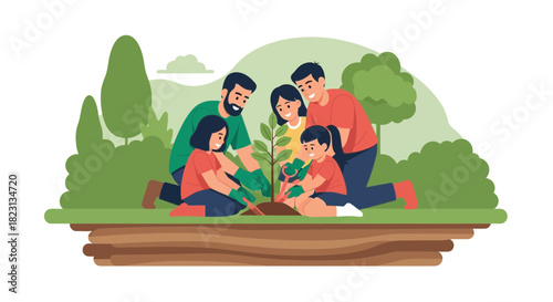 A happy family planting a tree together in a garden illustrating environmental conservation and