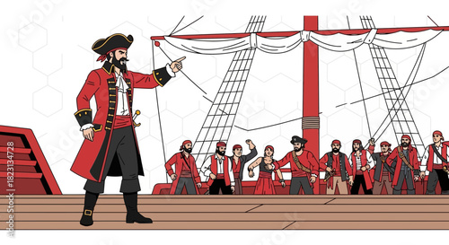A dynamic illustration of a pirate captain commanding his crew on deck of ship
