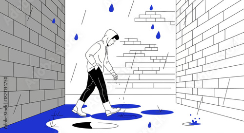 A minimalist illustration of a person walking in the rain in an urban alleyway
