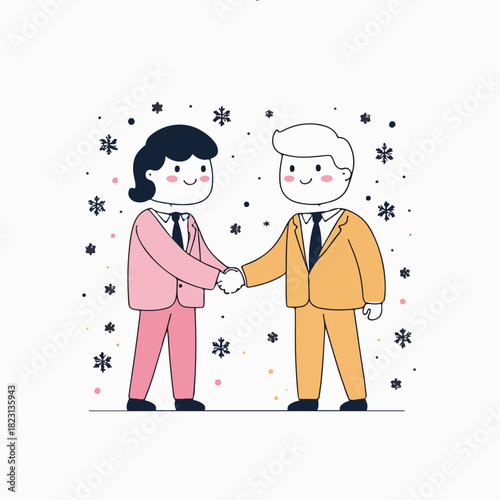 two abstract business characters shaking hands with tiny snowflakes around them