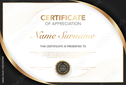 Modern certificate of appreciation template with elegant gold and black design, premium quality badge, customizable name and signature area, perfect for awards, achievement or recognition.