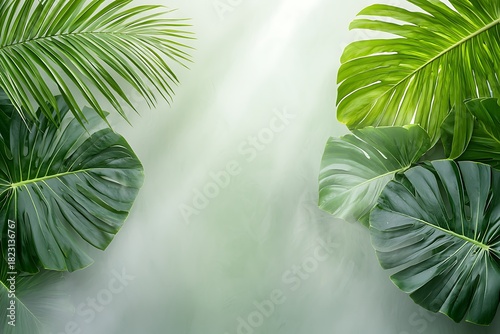 Lush Green Tropical Leaves with Soft Light Background for Nature or Relaxation Themes