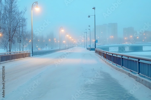 Tranquil Winter Scene with Fog and Snowy Pathway Illuminated by Street Lights