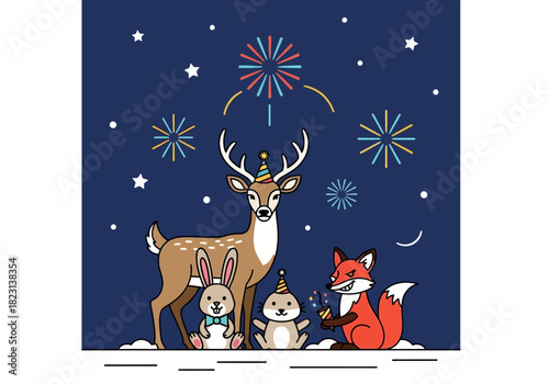 Whimsical forest animals celebrating New Year's Eve with fireworks and party hats under a starry sky