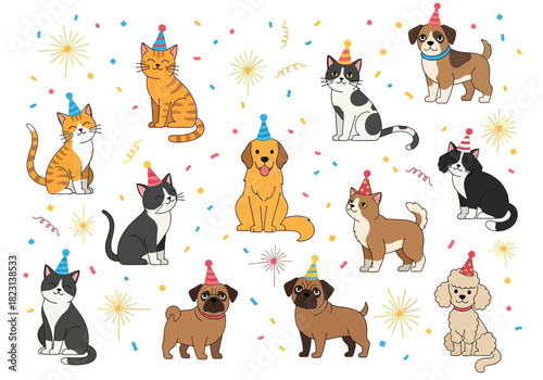Celebratory Pet Party A Collection of Playful Cats and Dogs in Festive Hats and Decorations